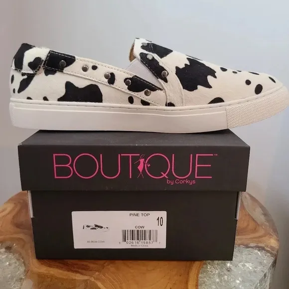 New Corkys Pine Top Leather Cow Print Sneakers