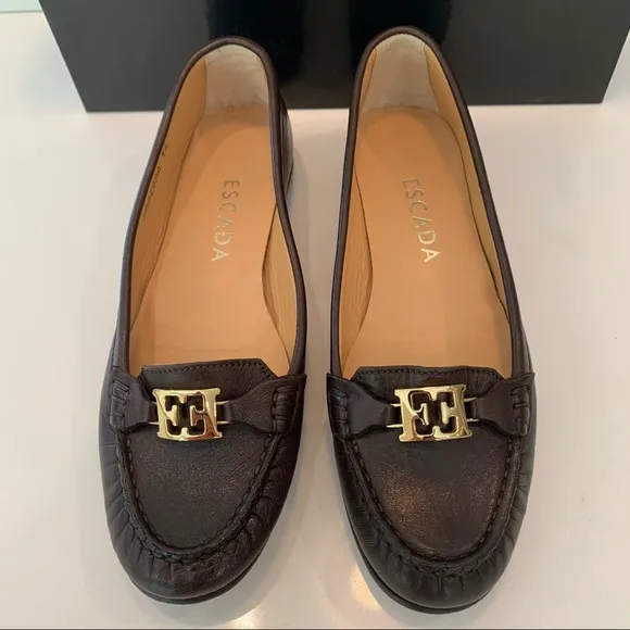 New Escada Brown Loafers Sz 36 Flats Logo Leather
