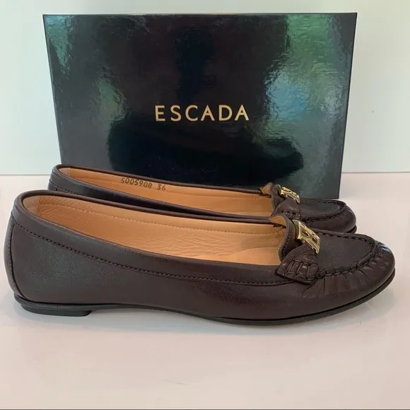 New Escada Brown Loafers Sz 36 Flats Logo Leather