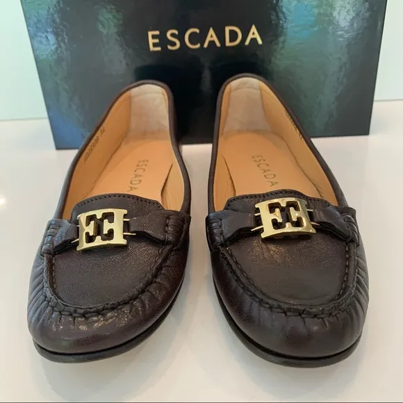 New Escada Brown Loafers Sz 36 Flats Logo Leather
