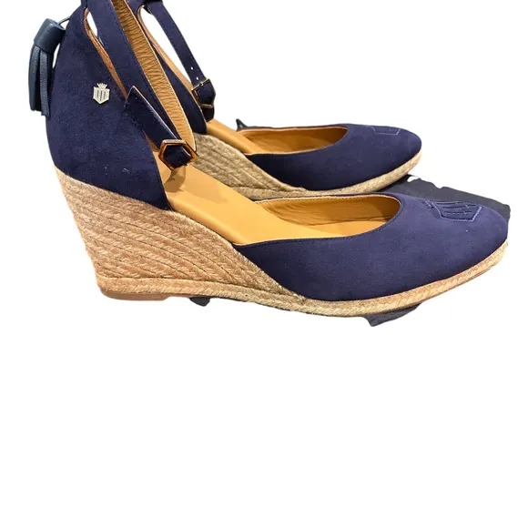NEW Fairfax &amp; Favor England Navy Blue Suede Women’s Monaco Espadrille Wedges 11