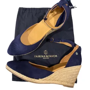 NEW Fairfax &amp; Favor England Navy Blue Suede Women’s Monaco Espadrille Wedges 11