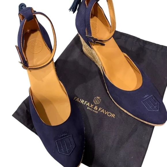 NEW Fairfax &amp; Favor England Navy Blue Suede Women’s Monaco Espadrille Wedges 11