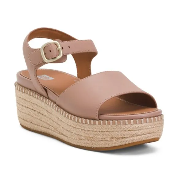 NEW  FITFLOP Leather Eloise Espadrille Back Strap Wedge Sandals beige 121tn