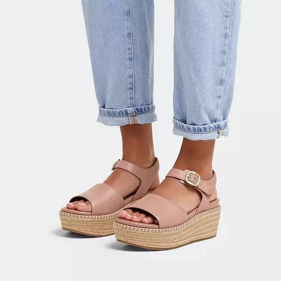 NEW  FITFLOP Leather Eloise Espadrille Back Strap Wedge Sandals beige 121tn