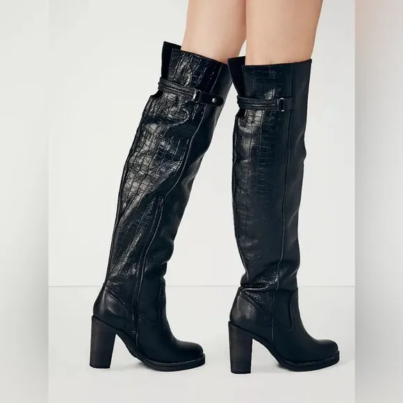 New Free People Black Leather Novak Over the Knee Heeled Boots