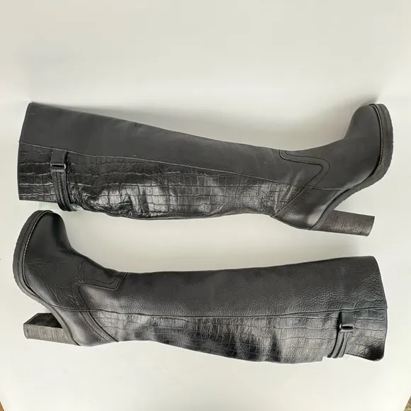 New Free People Black Leather Novak Over the Knee Heeled Boots