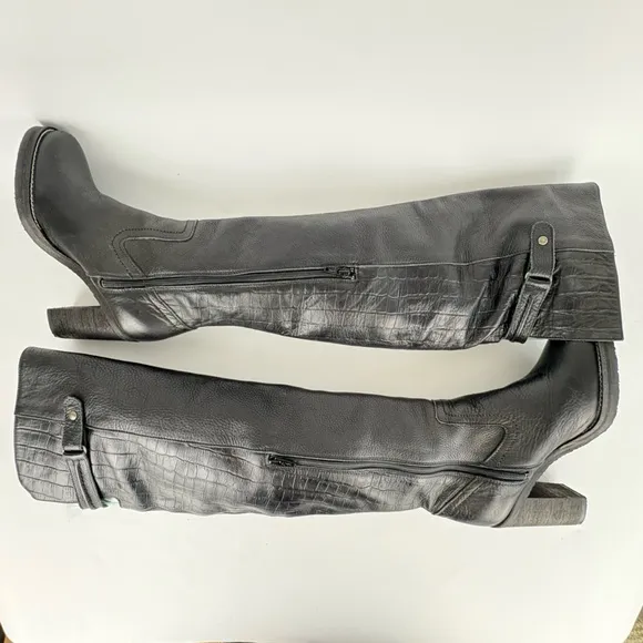 New Free People Black Leather Novak Over the Knee Heeled Boots