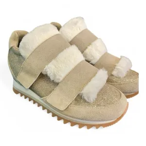 New Gioseppo Anthropologie Tan / Gold Metallic - Fur‎ Wedge Sneakers Shoes 8.5