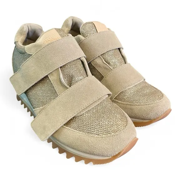 New Gioseppo Anthropologie Tan / Gold Metallic - Fur‎ Wedge Sneakers Shoes 8.5