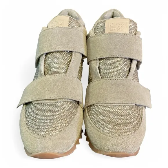 New Gioseppo Anthropologie Tan / Gold Metallic - Fur‎ Wedge Sneakers Shoes 8.5