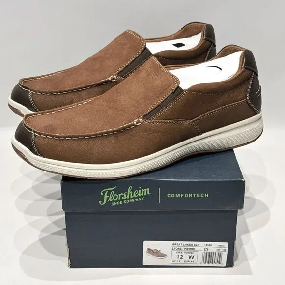 New in Box Florsheim Great Lakes Brown Leather Slip On Boat Shoe Men Sz. 12 Wide