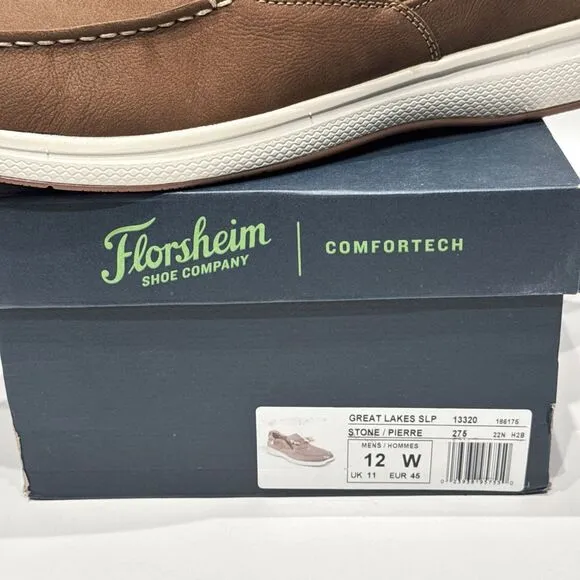 New in Box Florsheim Great Lakes Brown Leather Slip On Boat Shoe Men Sz. 12 Wide