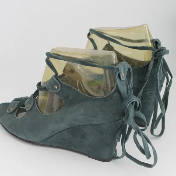 NEW J CREW Teal Open Toe Tie Lace Up Leather Suede Wedge Sandals Shoes 6.5