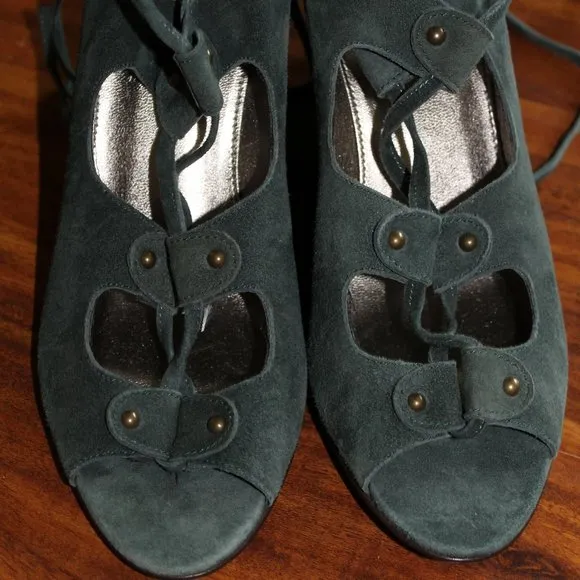 NEW J CREW Teal Open Toe Tie Lace Up Leather Suede Wedge Sandals Shoes 6.5