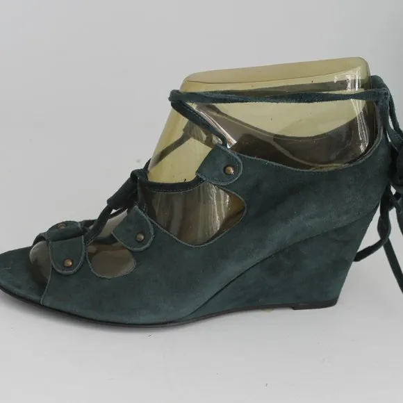 NEW J CREW Teal Open Toe Tie Lace Up Leather Suede Wedge Sandals Shoes 6.5