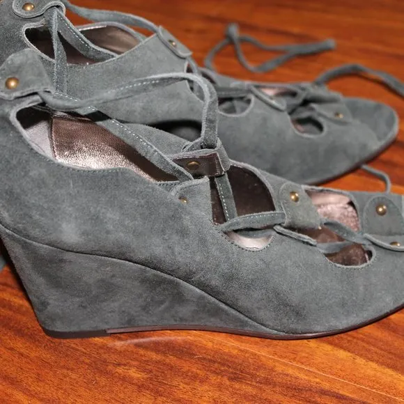 NEW J CREW Teal Open Toe Tie Lace Up Leather Suede Wedge Sandals Shoes 6.5
