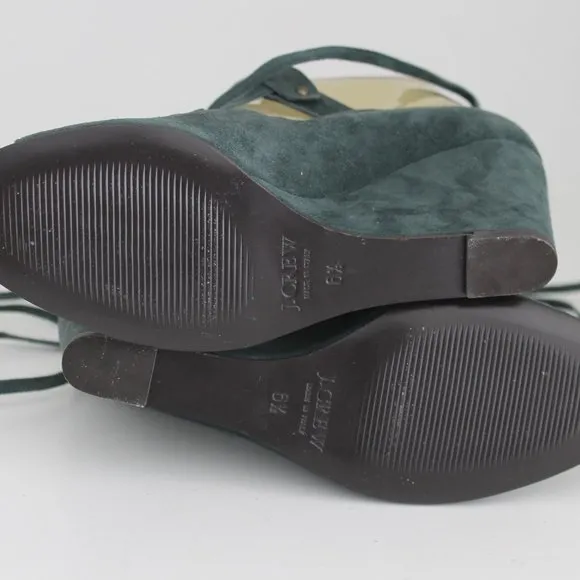 NEW J CREW Teal Open Toe Tie Lace Up Leather Suede Wedge Sandals Shoes 6.5