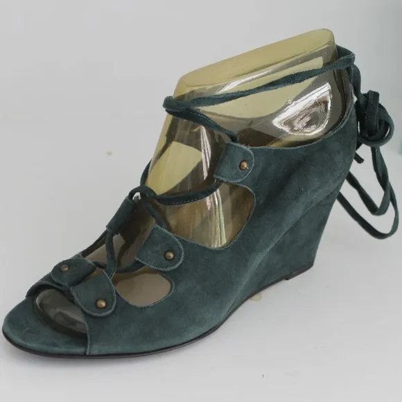 NEW J CREW Teal Open Toe Tie Lace Up Leather Suede Wedge Sandals Shoes 6.5