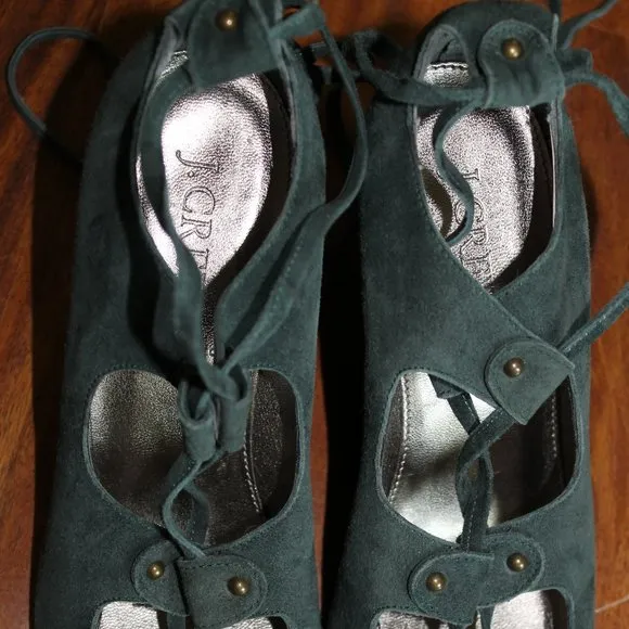 NEW J CREW Teal Open Toe Tie Lace Up Leather Suede Wedge Sandals Shoes 6.5