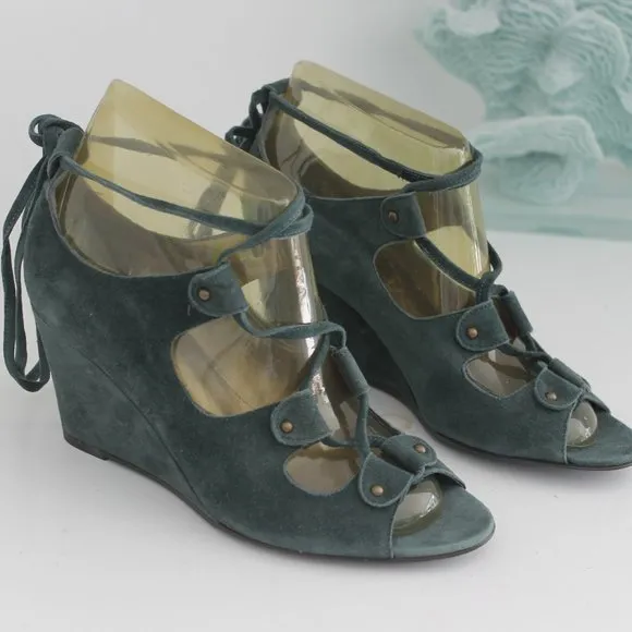 NEW J CREW Teal Open Toe Tie Lace Up Leather Suede Wedge Sandals Shoes 6.5
