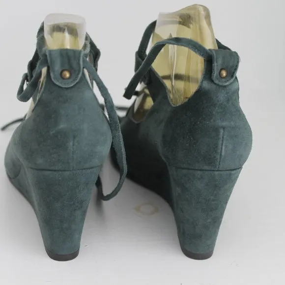 NEW J CREW Teal Open Toe Tie Lace Up Leather Suede Wedge Sandals Shoes 6.5