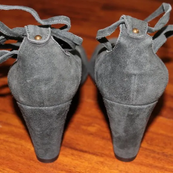 NEW J CREW Teal Open Toe Tie Lace Up Leather Suede Wedge Sandals Shoes 6.5