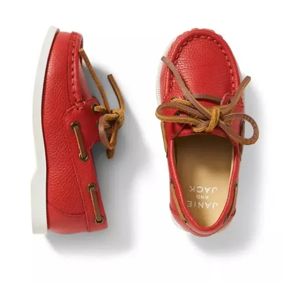 NEW • Janie and Jack • Boys Cherry Red Leather Boat Shoes Red and Brown