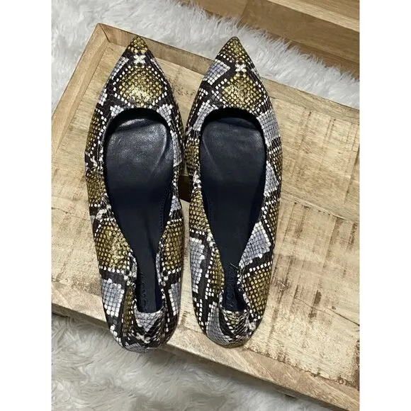 NEW J.CREW LOTTIE FLATS IN SNAKESKIN-PRINTED LEATHER, SZ 10 GOLDBLUEBLACK