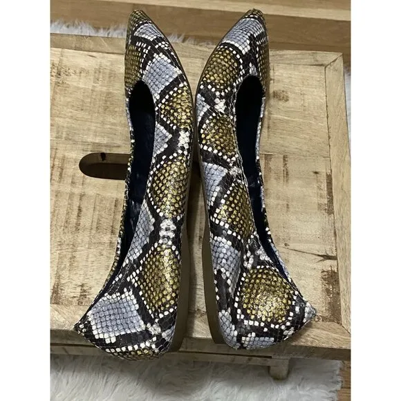 NEW J.CREW LOTTIE FLATS IN SNAKESKIN-PRINTED LEATHER, SZ 10 GOLDBLUEBLACK