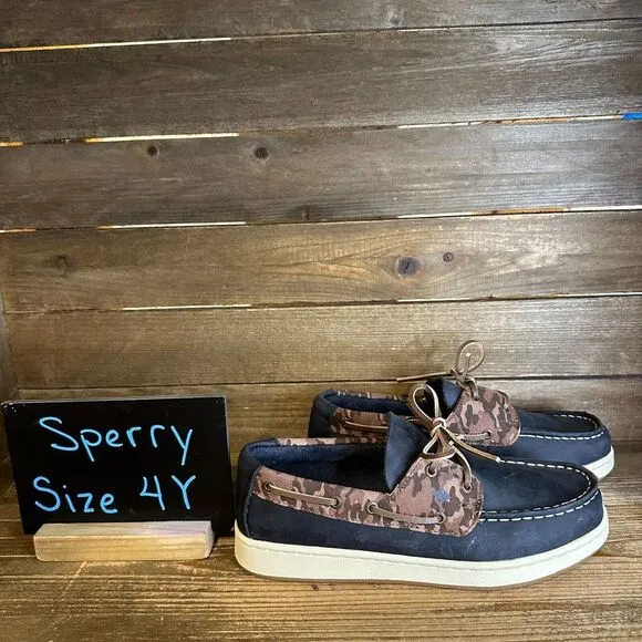 New Kids Sperry Cup II Blue Leather Camo Slip On Boat Deck‎ Shoes Loafers 4 Y