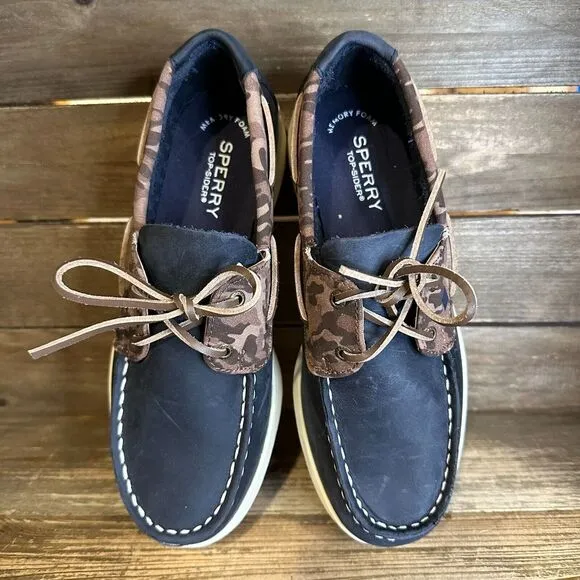 New Kids Sperry Cup II Blue Leather Camo Slip On Boat Deck‎ Shoes Loafers 4 Y