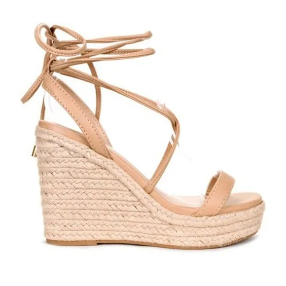 NEW Lace-Up Ankle Wrap Faux Leather Straps Espadrille Wedge Sandals Natural Nude