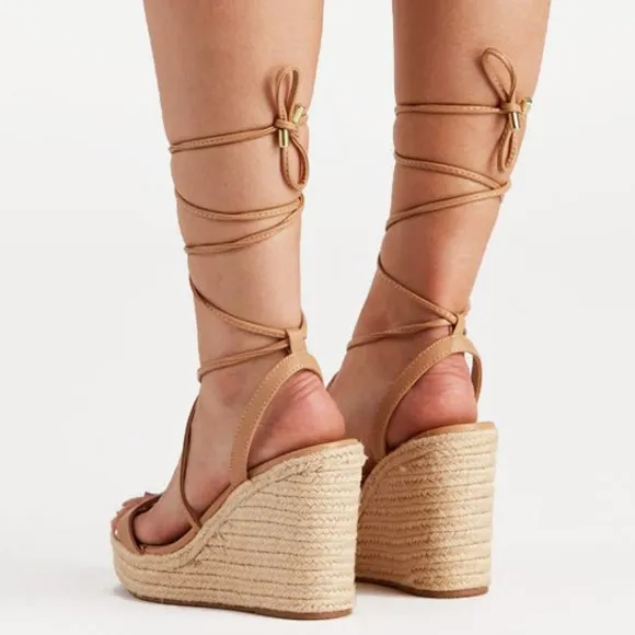 NEW Lace-Up Ankle Wrap Faux Leather Straps Espadrille Wedge Sandals Natural Nude