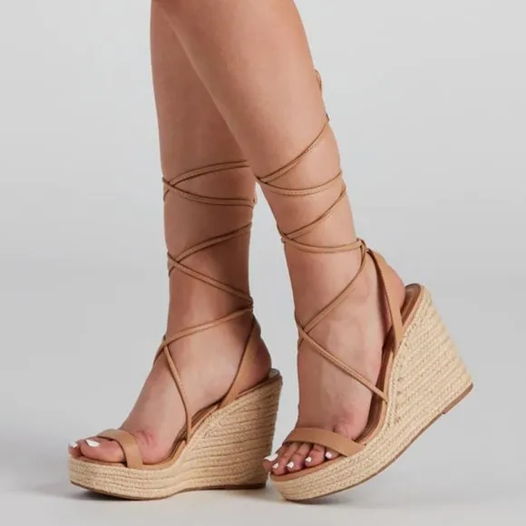 NEW Lace-Up Ankle Wrap Faux Leather Straps Espadrille Wedge Sandals Natural Nude