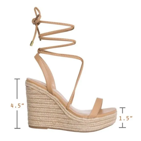 NEW Lace-Up Ankle Wrap Faux Leather Straps Espadrille Wedge Sandals Natural Nude