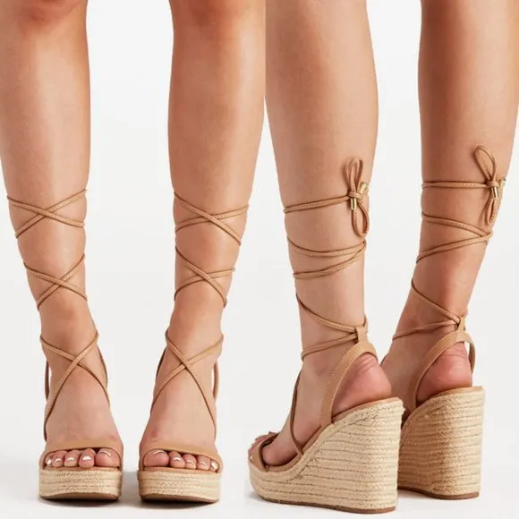 NEW Lace-Up Ankle Wrap Faux Leather Straps Espadrille Wedge Sandals Natural Nude