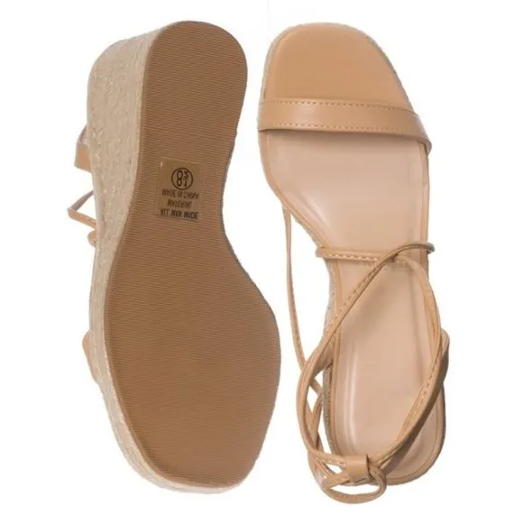NEW Lace-Up Ankle Wrap Faux Leather Straps Espadrille Wedge Sandals Natural Nude