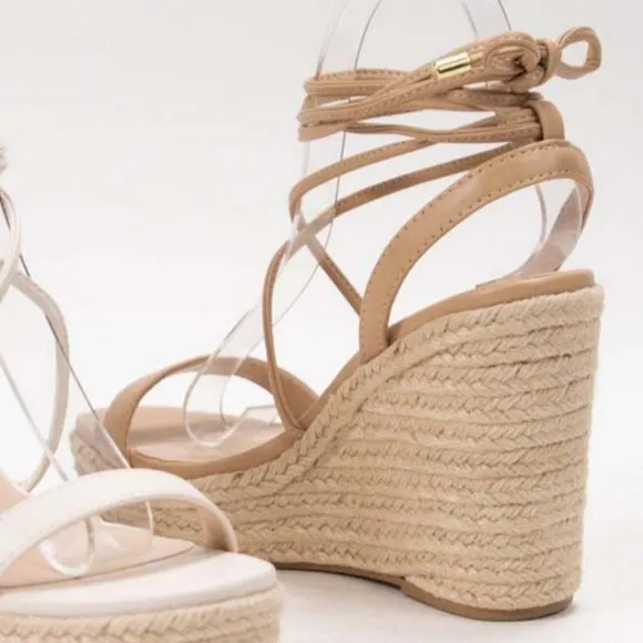 NEW Lace-Up Ankle Wrap Faux Leather Straps Espadrille Wedge Sandals Natural Nude