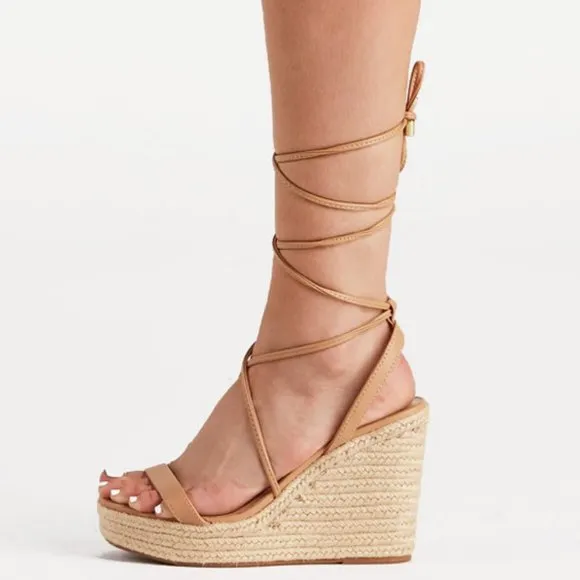 NEW Lace-Up Ankle Wrap Faux Leather Straps Espadrille Wedge Sandals Natural Nude