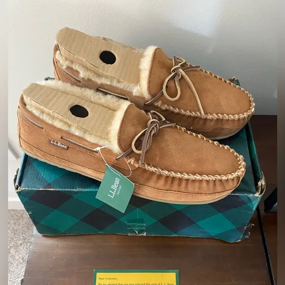 NEW LL BEAN Wicked Good Moccasins Mens Size 13 Brown Suede Shearling Slippers