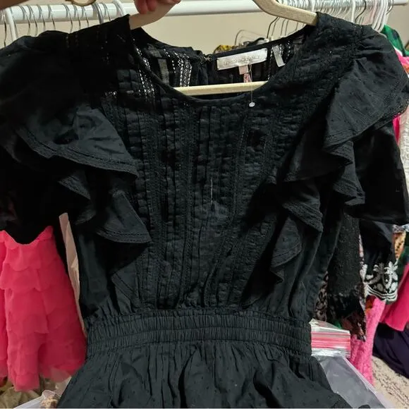 New LoveShackFancy Natasha Mini Dress Black Large Tiered Ruffles Elastic Waist