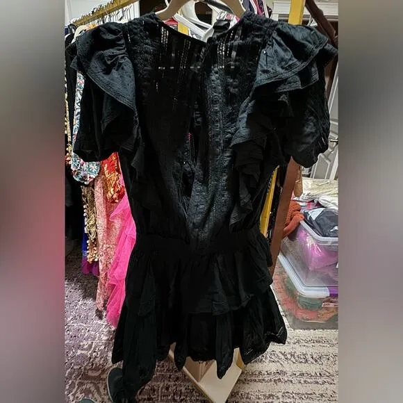 New LoveShackFancy Natasha Mini Dress Black Large Tiered Ruffles Elastic Waist