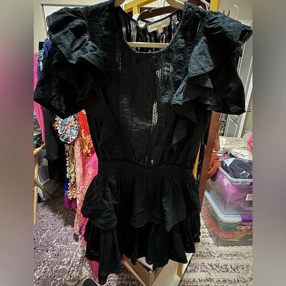 New LoveShackFancy Natasha Mini Dress Black Large Tiered Ruffles Elastic Waist