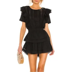 New LoveShackFancy Natasha Mini Dress Black Large Tiered Ruffles Elastic Waist