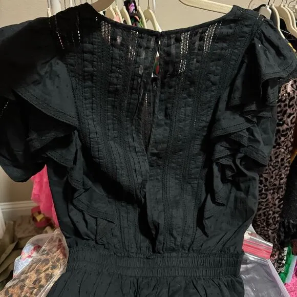 New LoveShackFancy Natasha Mini Dress Black Large Tiered Ruffles Elastic Waist