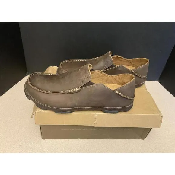 New! Mens Olukai Moloa Leather Slip On Shoes - Dark Wood / Dark Java. Size 8.5.