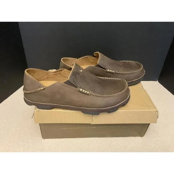 New! Mens Olukai Moloa Leather Slip On Shoes - Dark Wood / Dark Java. Size 8.5.