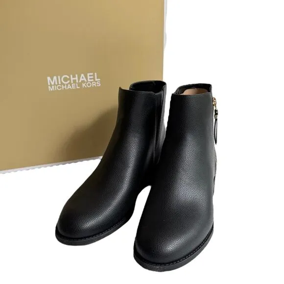 NEW Michael Kors BRITT ANKLE BOOT Womens 9.5 Black Bootie Gold Zip Flat Shoe Box
