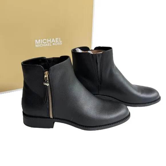 NEW Michael Kors BRITT ANKLE BOOT Womens 9.5 Black Bootie Gold Zip Flat Shoe Box